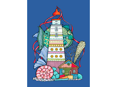 Lighthouse artistic design fish graphic house illustration ink lighthouse markers sea sketch watercolor
