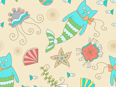 Cat Mermaid Pattern artistic cat design fairytale graphic pattern sea seamlesspattern textile vector