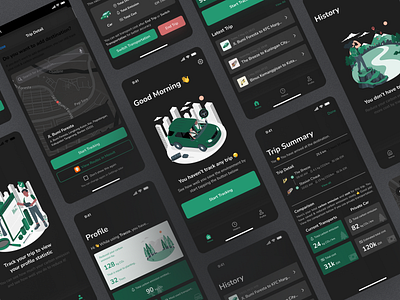 Tracco Dark Mode - Track Your Transportation Carbon Emission 🚘 app app design application design button card clean dark mode green illustration maps navbar tracking transportation uidesign user experience user interface