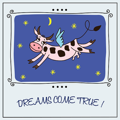 Flying Cow artistic cow design graphic illustration night postcard vector