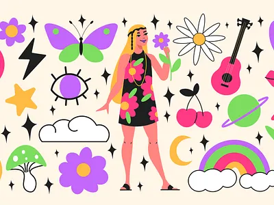 Hippie symbols set flat girl hippie illustration psychedelic vector