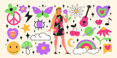Hippie symbols set flat girl hippie illustration psychedelic vector