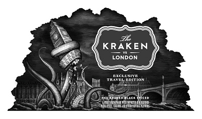 The Kraken vs London artwork design engraving etching illustration kraken rum line art logo scratchboard steven noble woodcut