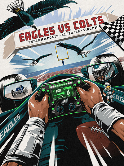 Eagles vs. Colts brickyard colts eagles football illustration indianapolis indy 500 indy car nfl philadelphia poster race car racing sports