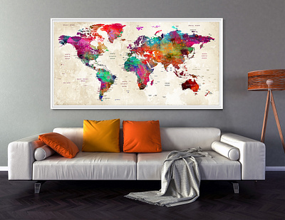 Colorful World Map Poster Print Wall Art - PushPin Map Home wall