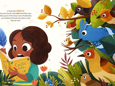 "The Secret Life of Birds" picture book birds character design childrens book color cute girl illustration kidlit nature photoshop picturebook plants procreate storytelling texture