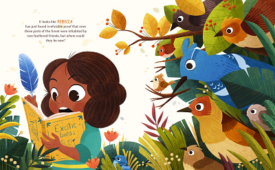 "The Secret Life of Birds" picture book birds character design childrens book color cute girl illustration kidlit nature photoshop picturebook plants procreate storytelling texture