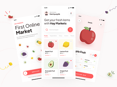 Hay Markets - Local Fruit Shop clean ecommerce farmers farmers app fruit fruit app fruit shop fruity fun groceries app groceries shopping mobile app shop shopping ui ui design uiux ux vege veggie