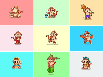 cute monkey character mascot collection animation character cute design graphic design illustration logo mascot monkey