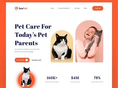 Pet Care Website animals care cat design dog healthy kitty uix landing page minimal pet care pet web petals pets puppy typography veterinary visual web webdesign website