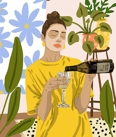 Self Care Illustration, Fashion Woman Wine Self Love botanical