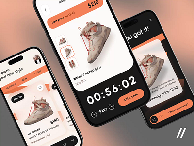 Sneakers Auction Mobile IOS App android animation app app design auction bid dashboard design design ui ecommerce interface ios mobile mobile app motion shopping sneakers ui uiux ux