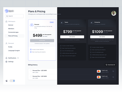 SaaS Dashboard Plans & Pricing Page app app design billing branding business design illustration logo payment plan price saas task ui uidesign ux vector workspace