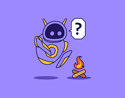 Curious robot with bonfire cartoon art cartoon illustration cartoon robot cartoon style design flat design icon icon design icon illustration illustration mascot mascot icon robot design robot mascot robots vector art