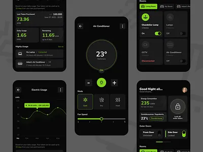 Smart Home App & Electric Usage Monitoring Screen app black dark design electric usage home control home monitoring mobile smart home smart home app ui ux