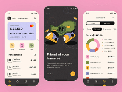 Bank Mobille App app bank banking branding budget card crypto dashboard design finance illustration mobile money onboarding pink schedule typography ui ux vector