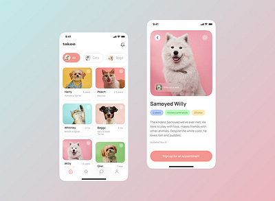 Takee - mobile pets shelter app design ui ux