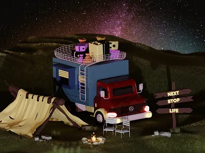 Northern lights / Truck Top Camper 3d Model / RV Trailer 3d 3d modeling blender camp camp truck camper grass hutcko nature northern light road sign rv trailer sky tent trailer travel traveling truck wood