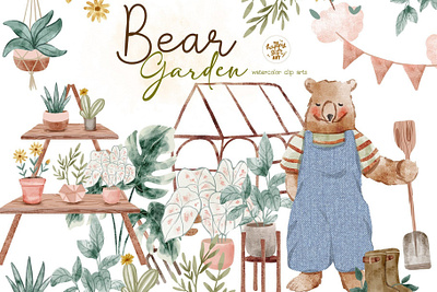 Bear Garden, Plants Watercolor Cliparts product design