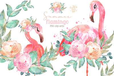 Summer Flamingo Watercolor Clip Arts clipart design graphic design illustration product design