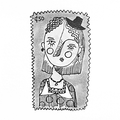 Stamp with Woman in Black Hat analog black and white childrens illustration collar cute freckles funny gel pen graphic design grumpy hat illustration naive portrait retro sketch stamp stamp design unimpressed woman