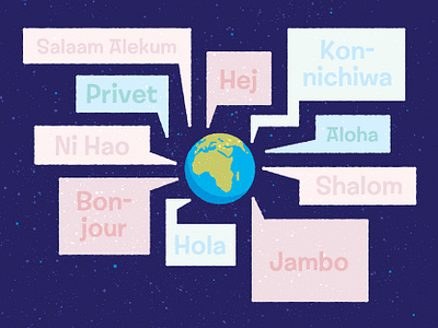 Hello From Planet Earth africa chris rooney communication continents earth greeting hello illustration languages message ocean planet solar system space speech bubbles stars words world