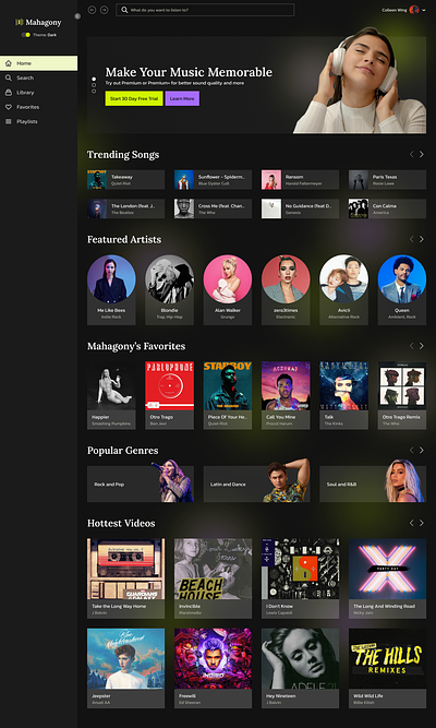 Mahagony: Desktop Music App - Dashboard Home (Dark) app artist dark dashboard desktop figma glassmorphism high fidelity music player ui visual design