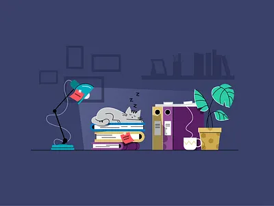 Cat Nap art cat nap coffee desk digital art furry friend illustration overtime plant pot shadow