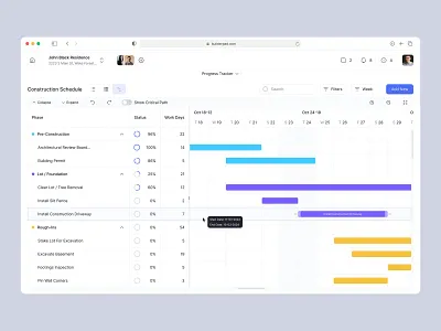 Construction Schedule - Gantt table b2b b2b saas design construction dashboard figma gantt platform real estate saas schedule ui uiux ux uxui web portal