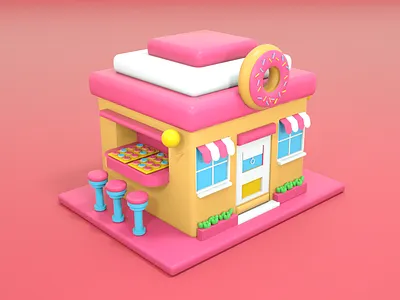 3D Donut House 3d 3d design 3d designer art blue branding cake candy chairs cinema 4d design donut door graphic design illustration market pink plant sweet window