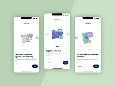 Onboarding Screens 3d check dailyui design idea illustration inspiration list logo mobile onboarding organize screens tasks ui ux