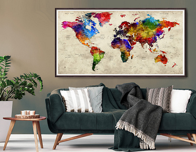 Push Pin Travel Map of World, Watercolor Map Poster, Vintage