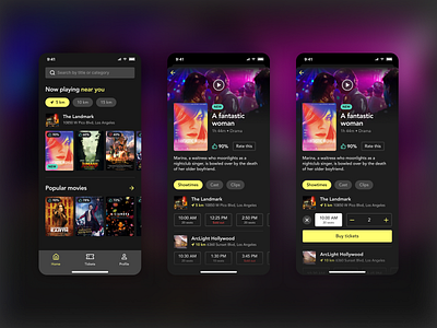 Movie Ticket Booking App app booking dark flat movie ticket ui