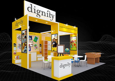 Dignity for Children 6x6 Exhibition Booth 3d 6x6 booth branding charity design dignity education event exhibition fair free education fundraising impression render school for the poor show space visualization yellow