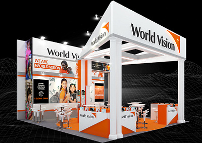 World Vision 7x8 Exhibition Booth 3d 7x8 aid booth branding charity design donation event exhibition fair fundrasing humanitarian orange render roman pillar space triangle world hunger world vision