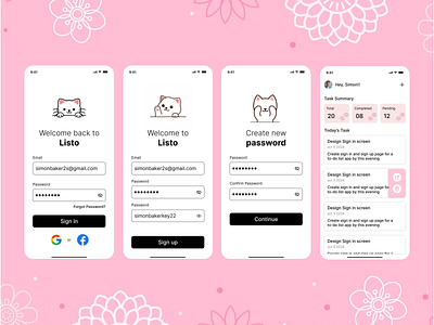 Listo - To-Do List App cats cute design figma graphic design light mobile app pink screens ui ux visual design