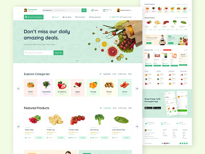 Grocery Shop E-commerce Website Design adobe xd app design in figma apps design e commerce e commerce landing page e commerce website ecommerce figma grocery grocery landing page grocery website illustration landing page online market shopify shopify website uiux ux wordpress