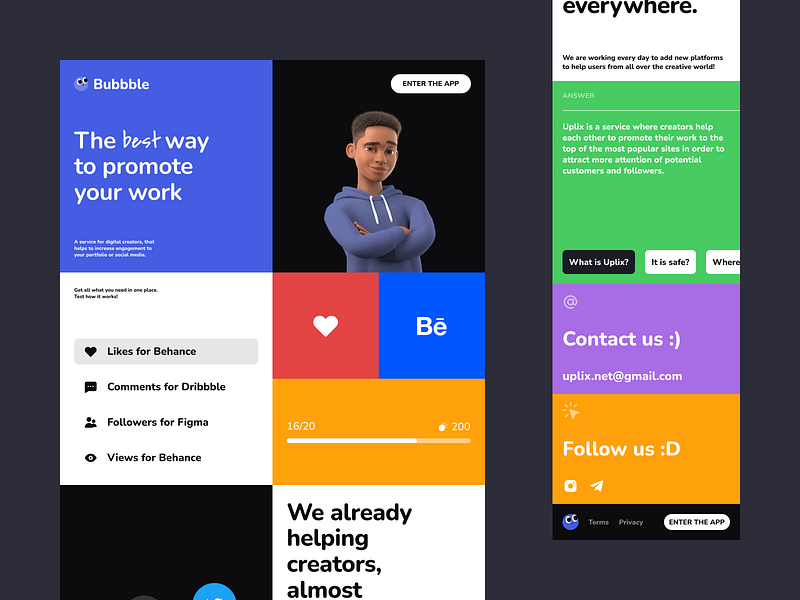 Bubbble.me - Landing Page 3d art character faq footer grid illustration landing layout portfolio promotion service ui ux website