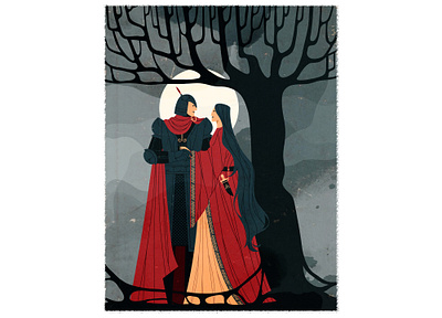 love armor cartoon character cloak couple dress fairy fairytale fantasy illustration knight lady lovers medieval retro style tree vector vintage woman
