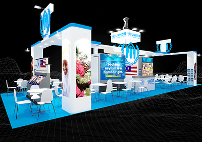 UNHCR 6x15 Exhibition Booth 3d 6x15 booth aid artist impression big booth booth branding charity design event exhibition fair fundraising global peace humanitarian render show space visualization