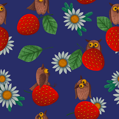 Strawberry and Owls Pattern artistic background design graphic illustration kidsdesign owl pattern seamlesspattern strawberry textile wollpaper wrappingpaper