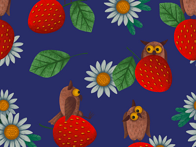 Strawberry and Owls Pattern artistic background design graphic illustration kidsdesign owl pattern seamlesspattern strawberry textile wollpaper wrappingpaper