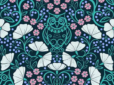 Flowers and Owls Pattern artistic background design flower graphic illustration owl pattern seamlesspattern textile wallpaper wrappingpaper