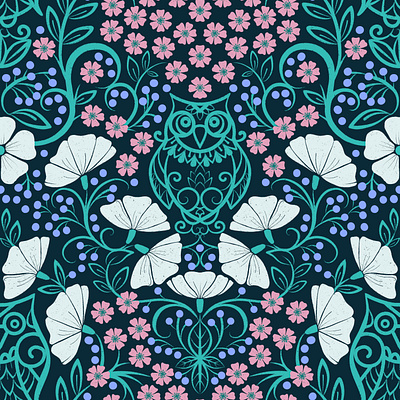 Flowers and Owls Pattern artistic background design flower graphic illustration owl pattern seamlesspattern textile wallpaper wrappingpaper