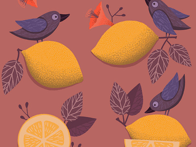Lemons and Birds Pattern artistic bird design flower graphic illustration lemon logo pattern seamlesspattern textile wollpaper wrappingpaper