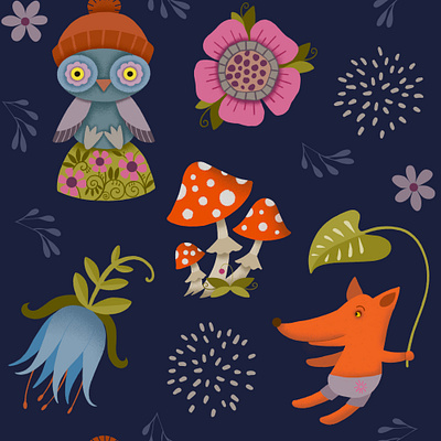 Owl and Fox Pattern animal artistic background design flower graphic illustration kidsdesign pattern seamlesspattern textile wallpaper wrappingpaper