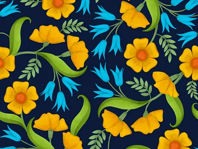 Yellow and Blue Flowers Pattern artistic background design floristic flower graphic illustration pattern seamlesspattern textile wallpaper wrappingpaper