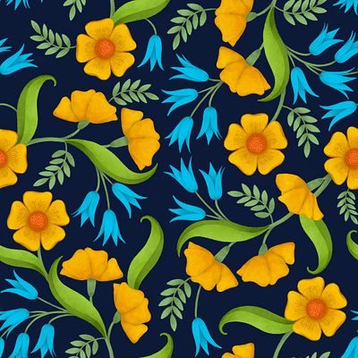 Yellow and Blue Flowers Pattern artistic background design floristic flower graphic illustration pattern seamlesspattern textile wallpaper wrappingpaper
