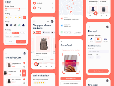 Baggio - Bag Store Ecommerce App backpacks bag store bag store app checkout e commerce e commerce app e commerce shop ecommerce mobile app mobile design online shop online store product page shopping bag shopping cart srsoumik store app trending women bag