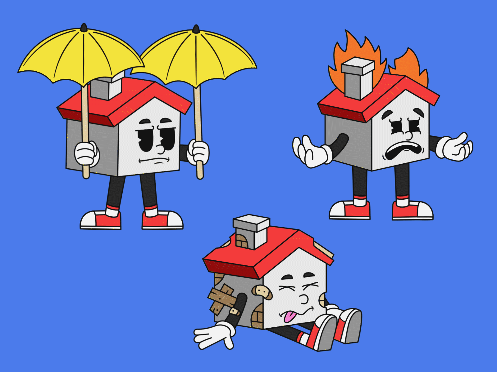 House Character Set 🏠☂️🔥 branding character design design fire gif graphic design home home renovation house illustration landing page logo lottie animation mascot set motion graphics retro sneaker sticker umbrella vector